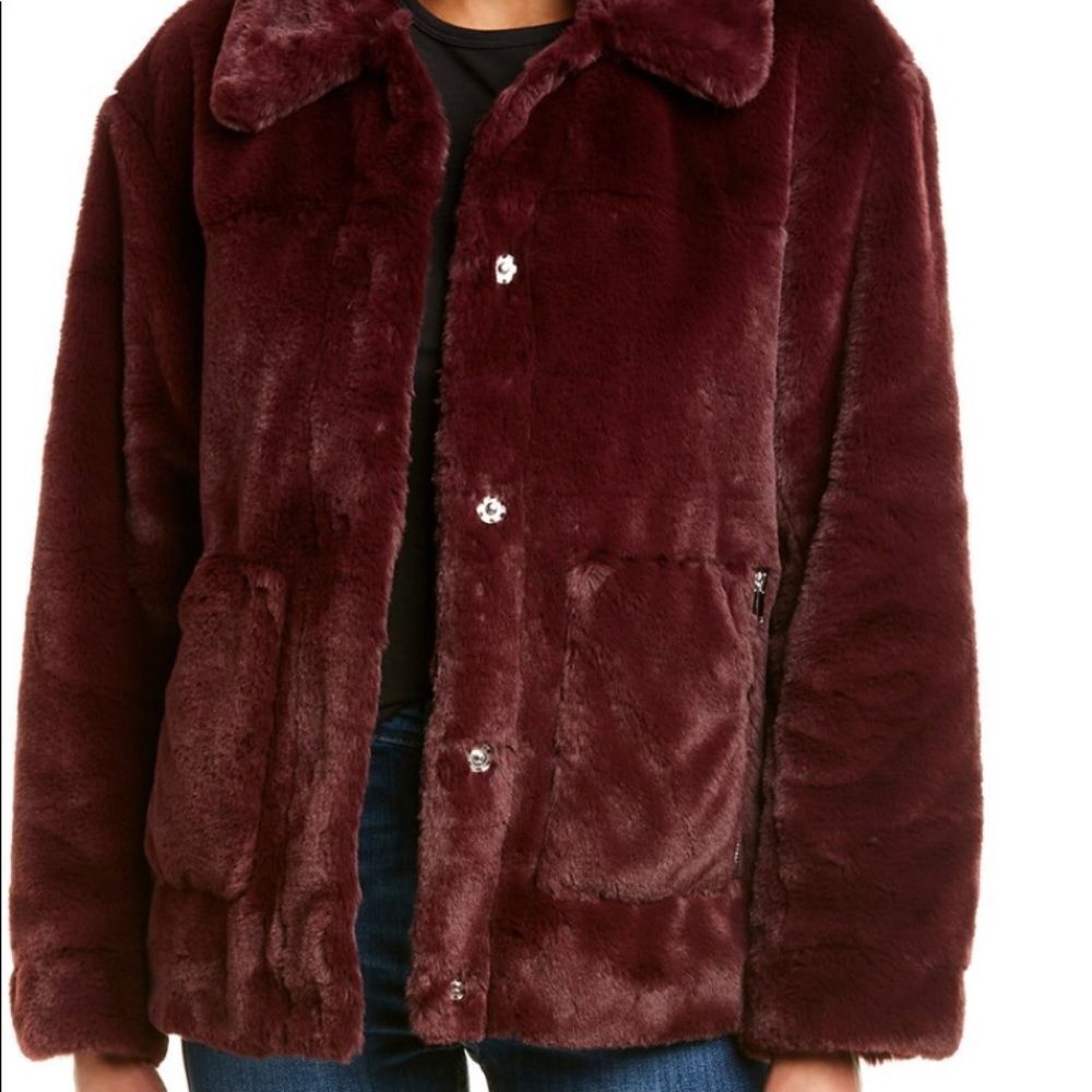NEW Trina Turk Salma burgundy faux fur jacket L